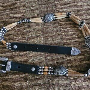 Western Rodeo Tribal Bone Leather Silver Concho Belt Sz 34